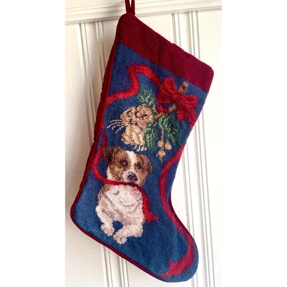 Handmade Needlepoint Holiday Stocking with Dog Motif Classic Tapestry Look - Picture 1 of 4